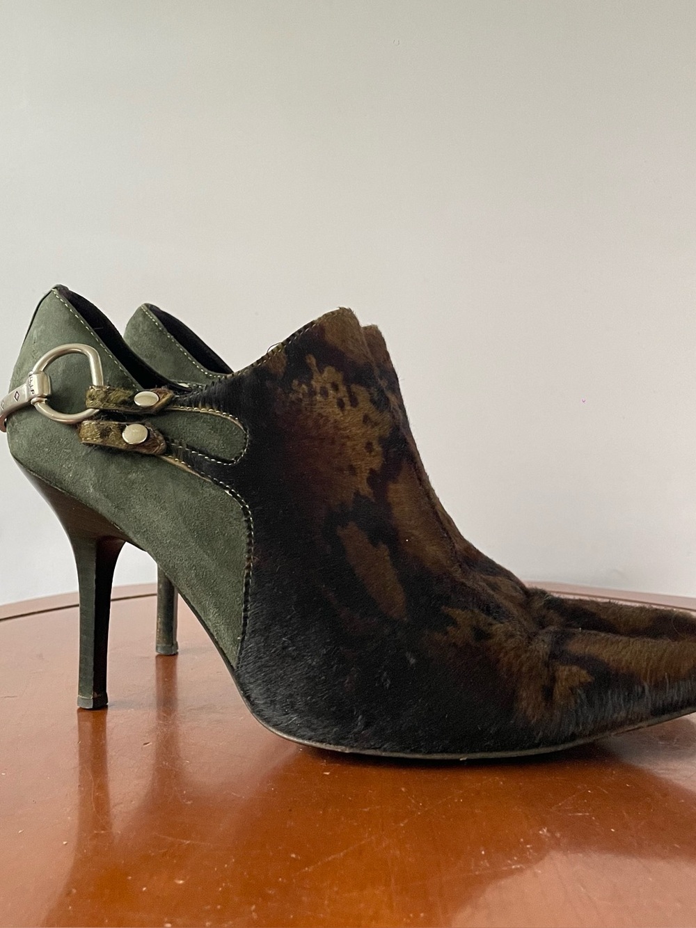 Donald J Pliner Couture Green Suede & Pony Hair Stiletto Ankle Boots | US 10